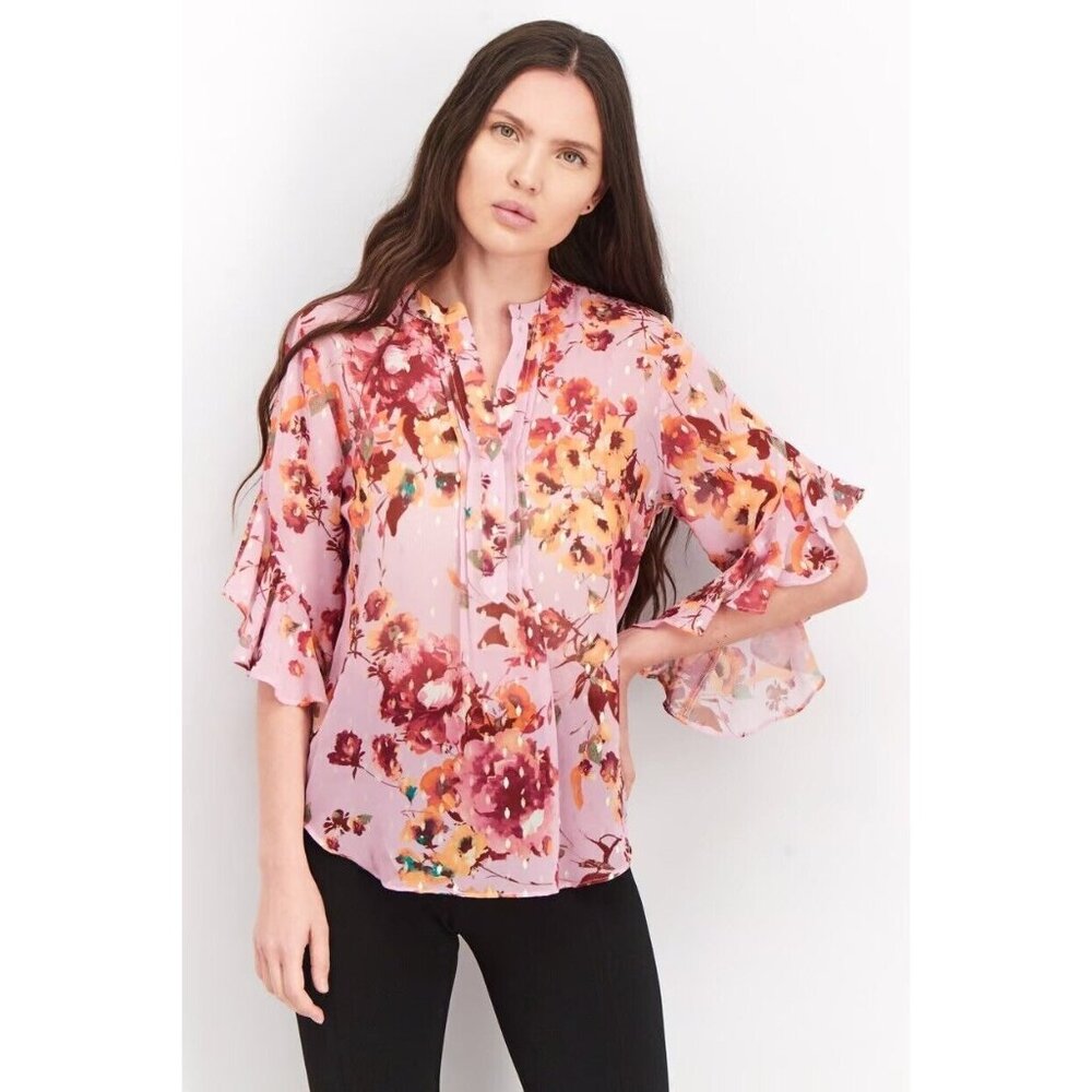 Vince Camuto Women Split Neck Ruffle Sleeve Floral Top Pink Garden Romance
